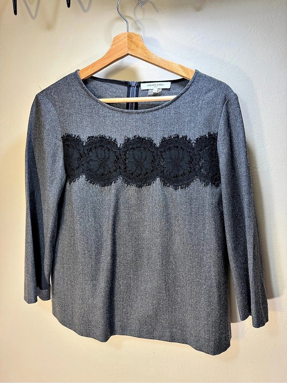 Gerard Darel Gray Lace Panel Long Sleeve Blouse Size 42 Like New